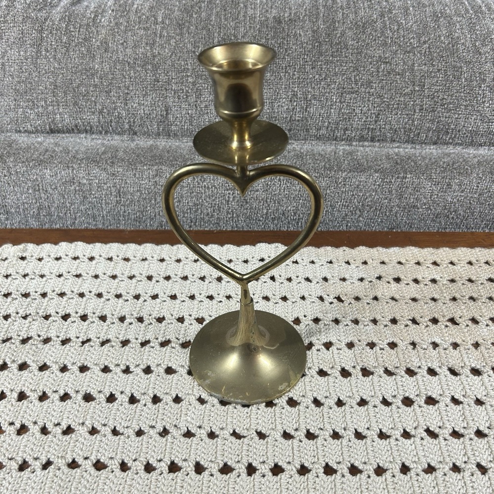 Vtg Brass Heart Shaped Candle Holder Antique Brass Finish Gold Romantic 8.5"